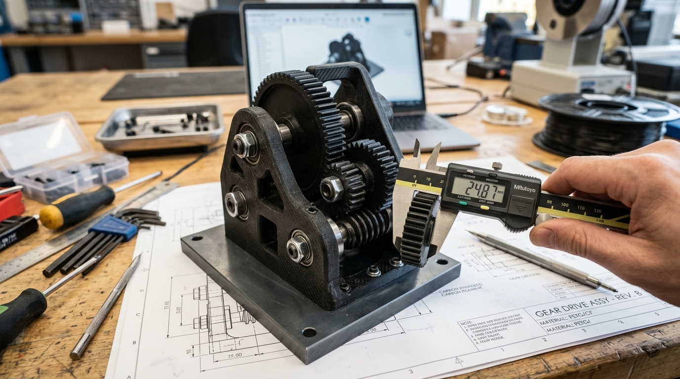 Peças técnicas de engenharia mecânica impressas em 3D medidas com paquímetro