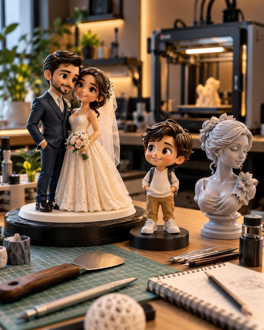 Miniaturas personalizadas em impressão 3D, incluindo topo de bolo de casamento, bonequinho infantil e busto decorativo.