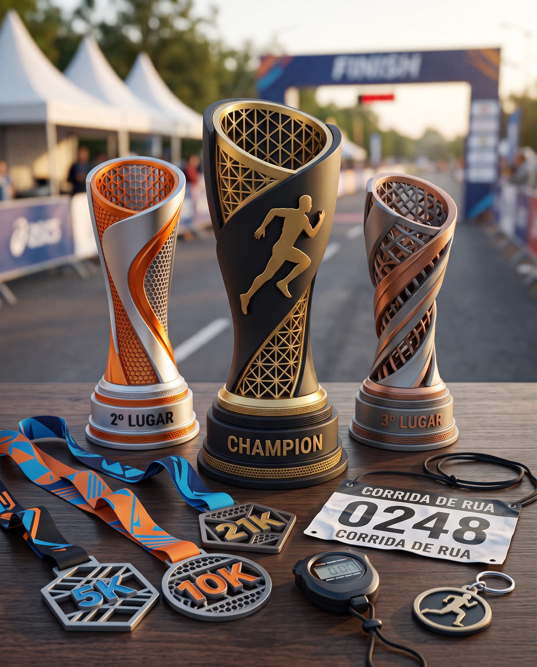 Troféus e medalhas personalizados em impressão 3D para corridas de rua, provas de 5 km e 10 km e eventos esportivos.